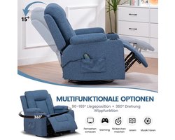 INDUSTRIALHOME Luxe Relaxstoel met Ligfunctie en Voetensteun – 360° Draaibare TV-Stoel – Comfortabele Schommelstoel met Bekerhouders en Zijvak – Ergonomisch Design – Verstelbare Rugleuning tot 160° – Linnen Stof – Blauw