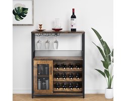 Industrieel Barmeubel met Wijnrek & Glazenhouder - Wijnkast / Dressoir met Gaasdeuren - Hout en Metaal - 69x35x92 cm