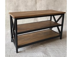 Industrieel Bijzettafel – Mangohout & Zwart Metaal – Open Opbergplanken – 75x30x45 cm