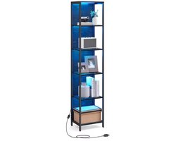 Industrieel Boekenkast Smal met LED Verlichting – 5 Planken – Zwart Metaal & Hout – 178 cm Hoog – Open Wandrek – Opbergkast voor Woonkamer/Slaapkamer