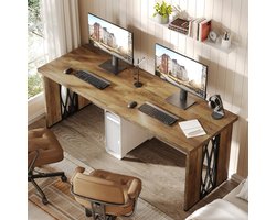 Industrieel Bureau 200 x 70 x 76 cm – Dubbel Werkbureau voor 2 Personen, Extra Lang Computerbureau / Vergadertafel met Houten Blad en Metalen Frame voor Thuiskantoor – Bruin – Dader