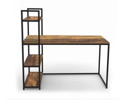 Industrieel Bureau met Boekenkast 113 cm – Houtlook met Metaal – Werkbureau met 3 Planken – Vintage Loft Design – Computerbureau voor Woonkamer of Kantoor