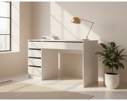 Industrieel Bureau – Modern Computerbureau met 5 Lades – Groot Schrijf- en Kantoor Tafel 120 cm – PC Werktafel voor Studenten & Kinderen – Wit Hoogglans – HomeByNicole