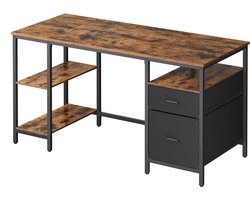 Industrieel computerbureau Schrijftafel Bureau 60x140x76cm Vintagebruin+Mat Zwart Met verstelbare poten 3 planken en 2 lades Stevig duurzaam metalen frame Eenvoudig te monteren Geschikt voor thuiskantoor en studeerkamer
