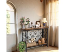 Industrieel Console Tafel – Smalle Hal tafel 108 cm – Houten Gangtafel met 2 Opbergplanken – Achter de Bank Tafel – Rustiek Bruin Zwart – HomeByNicole