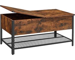 Industrieel Design Salontafel Met Inklapbare Plaat, Verborgen Opbergruimte, Roosterplank En Metalen Frame - 100 X 55 X 47 Cm - Vintage Bruin-Zwart - Perfect Voor Woonkamer