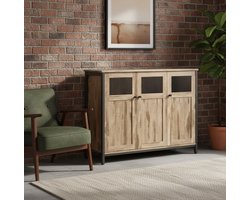 Industrieel Design Sideboard Kast – Keuken & Woonkamer Opbergkast met Glazen Deuren – Stijlvolle Buffetkast, Verstelbare Planken, Metaal & Hout – Camel Bruin + Zwart MedahomeStore