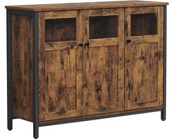 Industrieel Dressoir met 3 Deuren - 100 cm Breed - Vintage Bruin & Zwart - Opbergkast 35cm Diep - Keukenkast & Sideboard - Met Glas-inzet