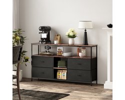Industrieel Dressoir met LED Verlichting - 137 cm Breed - 4 Lades met PU-Leer Look - Houtlook