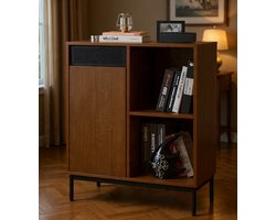 Industrieel Dressoir met Metalen Deur en Open Vakken – Opbergkast met Verstelbare Planken – Vintage Bruin Zwart Sideboard voor Woonkamer, Keuken, Hal en Slaapkamer – 72,5 x 40 x 88 cm – Novihome