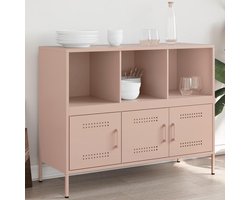 Industrieel Dressoir - Opbergkast Metaal - Woonkamer Inrichting - 6 Vakken 3 Deuren - 100x39x79 cm - Roze