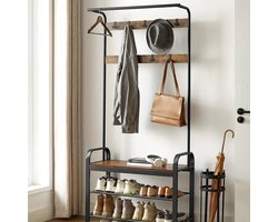 Industrieel Halmeubel 4-in-1 – Kapstok met Schoenenbank & 9 Haken – Metaal & Hout – 84x33,7x183 cm – Voor Entree of Gang
