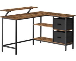 Industrieel Hoekbureau L-Vorm - 135 x 105 cm - Met Monitorverhoger & 2 Lades - Reversibel Computerbureau - Vintage Bruin & Zwart - Gaming Desk & Thuiswerkplek