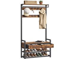 Industrieel Kapstok met Schoenenrek en Zitbank – 6-in-1 Halmeubel – Met Haken, Lades en Opbergruimte – Metaal en Hout – 181,6 cm Hoog – Garderoberek voor Hal, Gang of Entree