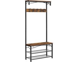 Industrieel Kledingrek met Schoenenrek en Zitbank – 5 Haken en 3 Planken – Hout en Metaal – Vintage Design