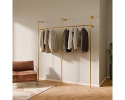 Industrieel Loft Kledingrek KIM III – Gouden Stalen Wandgarderobe voor Inloopkast of Slaapkamer – Robuuste Kledingstang met Verstelbare Planken – Open Garderobekast