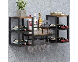 Industrieel Muur Wijnrek met 3 Glashouders - Zwart Metaal en Houten Plank - Multifunctioneel Wijndisplay voor Keuken, Eetkamer of Thuisbar - Geschikt voor 16 Wijnflessen