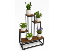 Industrieel Plantenrek met 4 Niveaus - 51 x 34 x 67 cm - Houten Plantentrap - Plantenstandaard - Ruimtebesparend Plantenrek - Plantenhouder - Houten Plantenrek - Plantenmeubel - Zwart