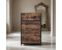 Industrieel Stoffen Ladekast met 5 Lades – Opbergkast / Commode met Metalen Frame en MDF – Rustiek Bruin/Zwart – Mobili Bella – Organizer Ladekast voor Slaapkamer, Woonkamer, Hal & Kinderkamer