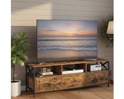 Industrieel TV-meubel / Lowboard 147 cm – TV-kast voor televisies tot 65 inch – Vintage Bruin-Zwart met 3 Laden en 3 Open Vakken – Woonkamer Meubel met Stalen Frame en Robuust Houten Opbergmeubel Depauwwonen