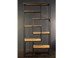 Industrieel Wandkast – 150×210×40 cm – Mangohout & Zwart Metaal – Open Vakken
