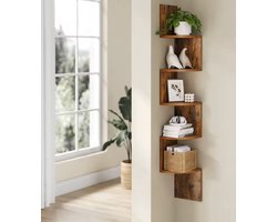 Industrieel Wandrek Hoek | Wandplank Hout | 5-Lagen Hoekplank | Muurdecoratie | 20x20x127,5 cm | Vintage Bruin | Opbergrek voor Woonkamer, Slaapkamer of Kantoor