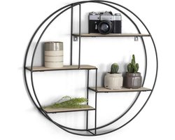 Industrieel Wandrek, Zwarte Wandplank, Hout en Metalen Kruidenrek, Moderne Wanddecoratie, Ronde Muurrek voor Woonkamer, Slaapkamer, Keuken,