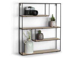Industrieel Wandrek, Zwarte Wandplank, Metaal en Houten Kruidenrek, Modern Bakkersrek, Rechthoekig Muurrek voor Woonkamer, Slaapkamer, Keuken,