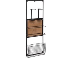 Industrieel Wijnrek Muur - Wijnrek Metaal - Wijnrek Hout - Staal - Stapelbaar - Wijnrek Hangend - Wijnrek Wand Wandmontage - Wijnrek muur 4 flessen & mandje - 29 cm x 9.5 cm x 90 cm