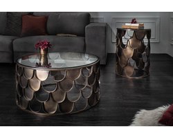 industrieele bijzettafel ABSTRACT 55cm antiek messing metaal visschub design rond glas - 40111