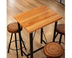 Industriële 3-Delige Barset – Bartafel van Massief Acaciahout met 2 Barkrukken – Handgemaakt Bistro Meubilair met Echt Leer & Canvas – Vintage Stijl voor Keuken, Bar, Restaurant & Tuin-Ganeey