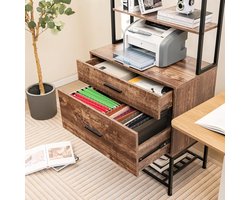 Industriële Archiefkast met 3 Open Planken en 2 Lades, Boekenkast met Opbergrek en Ingebouwd Stopcontact – Multifunctionele Kantoorkast voor Woonkamer, Slaapkamer en Thuiswerkplek – Rustiek Bruin