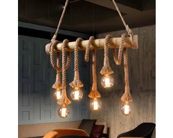 Industriële Bamboe & Touw Hanglamp - 6-Lichts Lineaire Kroonluchter - Natuurlijk Manilla Touw - Eettafel & Kookeiland Verlichting - Exclusief Lampen