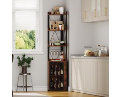 Industriële Barkast Hoek – Wijnrek 178 cm Hoog – 5 Niveaus – Met Glazenhouder & Gaasdeur – Drankkast – Ruimtebesparend – bruin Houtnerf