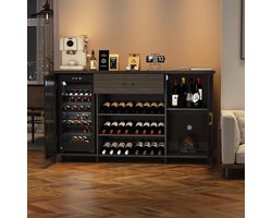 Industriële barkast van 180 cm met ruimte voor koelkast, grote opbergruimte, wijnrekken, lade en buffetblad, multifunctioneel voor keuken, eetkamer en woonkamer, zwart