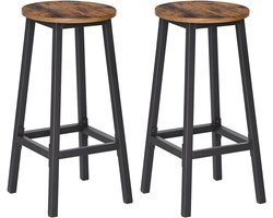 Industriële Barkrukken Set van 2 - Stevig Metaal Onderstel - 67 cm Houten Zithoogte - Rustiek Bruin & Zwart - Barkruk Hout - Ronde Bar Kruk Industrieel Stijl - Keuken - Eetkamer - Stoelen met Voetsteun - Hoge Keukenkrukken - Ontbijt Barkrukken