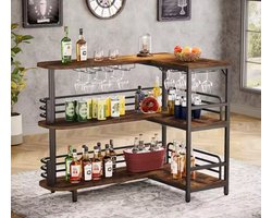 Industriële Barmeubel L-Vorm - Keukeneiland met Glashouder - Barkast met 3 Niveaus - Vintage Bruin/Zwart Metaal - 18 Wijnglazen - Huisbar & Buffetkast