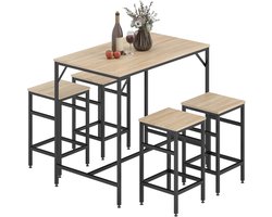 Industriële bartafelset met 4 krukken in licht eiken en zwart metaal