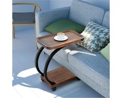 Industriële bijzettafel met wieltjes – C-vormige kleine salontafel in walnootkleur met 2 lagen, ideaal voor bank, slaapkamer, woonkamer, kantoor of café (52 x 34 x 60 cm)