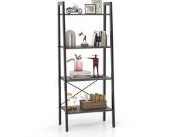 Industriële Boekenkast – 4 Niveaus, Opbergplank met Verstelbare Voetkussens & Anti-Tip Apparaat, Bruin/Zwart