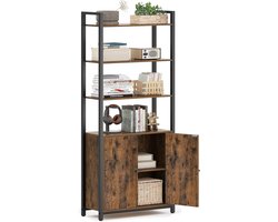 Industriele Boekenkast - 6-Lagen half open en hoge Kast - Verstelbare Planken – Rustiek Bruin & Zwart