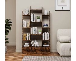 Industriële Boekenkast met 2 Laden - Vakkenkast Houtlook - Vintage Open Stellingkast - Bruin - 86x25x140.5 cm