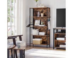 Industriële Boekenkast met 4 Planken en 4 S-Haken – Vintage Bruin-Zwart Wandkast – Stalen Frame, Open Opbergkast voor Woonkamer, Kantoor, Keuken of Hal – Stevige Design Plankenkast