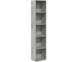 Industriële Boekenkast met 5 Open Planken - Beton Grijs en Zwart - Hoge Smalle Schappenkast