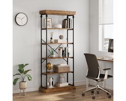 Industriële Boekenkast met 6 Niveaus - Wandrek Vintage Look - Vakkenkast Houtlook & Metaal - Robuust Design - 187 x 80 x 30 cm - Bruin/Zwart