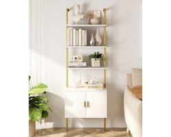 Industriële Boekenplank met Ladder Design en Metalen Frame voor Wandmontage - Witte en Gouden Plank voor Woonkamer en Slaapkamer