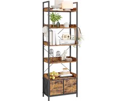 Industriële Boekenrek - 6 Lagen Met 2 Stoffen Lades Vrijstaande Opbergkast Metaal Hout - Voor Kantoor Woonkamer - Zwart Ijzeren Frame + Vintage Houten Plank + Vintage Stoffen Lade