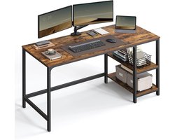Industriële Computer Bureau met 2 Planken – Grote Houten Werktafel 140x60 cm – Robuust Stalen Frame – Home Office, Gaming & Kantoor Tafel – Vintage Bruin-Zwart Design – Verstelbare Poten