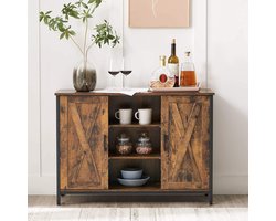 Industriële Dressoir Vintage – Opbergkast met 3 Open Planken en 2 Deuren – Houten Buffetkast voor Woonkamer, Keuken of Hal – Verstelbare Legplanken – 100×35×70 cm – Bruin Zwart – MedaHomeStore