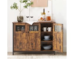 Industriële dressoirkast met glazen deuren - Groot keukenbuffet, opbergkast met verstelbare planken voor eetkamer, woonkamer en keuken - Vintage meubels met bruin en zwart stalen frame